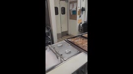 Pet dog peeks into kitchen smelling bacon in West Virginia, USA