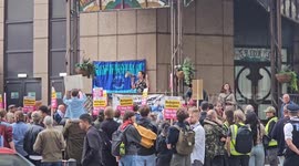 Stand Up To Racism protesters outside the Britannia Migrant Hotel in Canary Wharf London