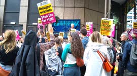 Pro migrant rally outside the Britannia Hotel in Canary Wharf