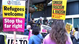 Pro migrant rally outside the Britannia Hotel in Canary Wharf