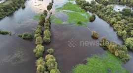 Aerial view of the river Ure in Ripon, North Yorkshire as it bursts its banks