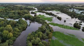 Aerial view of the river Ure in Ripon, North Yorkshire as it bursts its banks