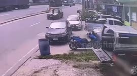 Truck's wheel dislodges and smashes shopfront in Thailand
