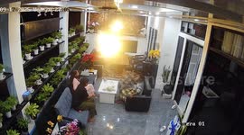 Family shocked as tank ruptures and flood surges onto patio as they have lunch