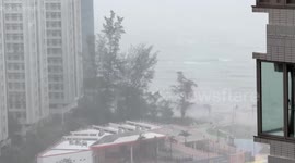 Typhoon Ragasa churns up waves as they slam into Hong Kong coast