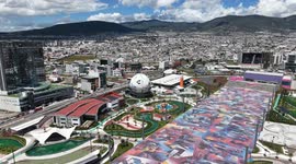 Pachuca de Soto, Mexico, aerial view of the Hidalgo Cultural Park, Plaza de los Tenangos, the Football Hall of Fame Museum, the Gota de Plata Auditorium, and the TuzoForum Convention Center, in the city of Pachuca, Hidalgo state.