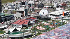 Pachuca de Soto, Mexico, aerial view of the Hidalgo Cultural Park, Plaza de los Tenangos, the Football Hall of Fame Museum, the Gota de Plata Auditorium, and the Tuzo Forum Convention Center, in the city of Pachuca, Hidalgo state.