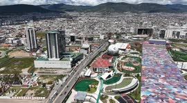 Pachuca de Soto, Mexico, aerial view of the Hidalgo Cultural Park, Plaza de los Tenangos, the Football Hall of Fame Museum, the Gota de Plata Auditorium, and the TuzoForum Convention Center, in the city of Pachuca, Hidalgo state.