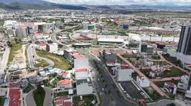 Pachuca de Soto, Mexico, aerial view of the Hidalgo Cultural Park, Plaza de los Tenangos, the Football Hall of Fame Museum, the Gota de Plata Auditorium, and the TuzoForum Convention Center, in the city of Pachuca, Hidalgo state.