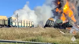 Freight train collides with truck in Russia’s Smolensk, sparking fire