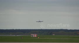 USAF KC-135 refuelling tanker landing at RAF Mildenall, Suffolk after refuelling military jets