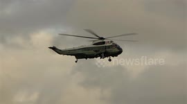 President Trump arrives at London Stansted Airport on Marine One after meeting with UK Prime Minister Kier Starmer at Chequers