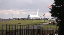 US President, Donald Trump departs the UK after a second state visit.  Seen here flying out of London Stansted onboard Air Force One.