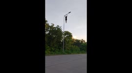 Gym closed? Fitness fanatic does pull-ups on street lamppost