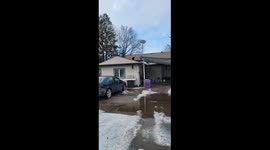 Cat hanging from gutter rescued by passerby in Mahnomen, USA,