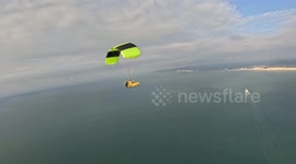 Del Boy's Reliant Robin flies over the English Channel