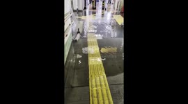 Heavy rain floods train station at Higashi-Siogama Station, Shiogama, Japan