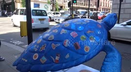 Tusk Turtle Trail 2025 - Around the World in 80 Days turtle by pop artist Mauro Poruchetti outside The Ritz  Hotel London