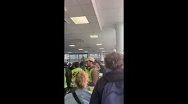 Sud-Rail activists storm Tesla showroom near Paris in Saint-Ouen, France