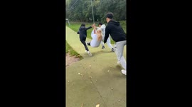 woman loses balance and falls in zipline mishap in Preston, England, UK