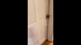 Unusually angled under-stairs basement door in New York, USA