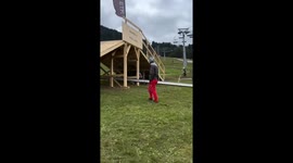 Cyclist falls off bike during competition in Medellín, Colombia