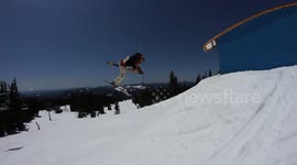 Ski Fail: Flat box grind to cartwheel