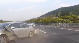 Tyre on car explodes causing crash