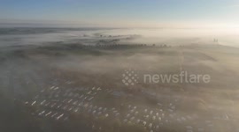 Aerial view of a misty autumn sunrise over the Ripon, North Yorkshire countryside