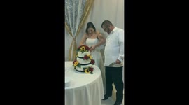 Groom surprises bride during cake-cutting at wedding in Chatsworth, Georgia, USA