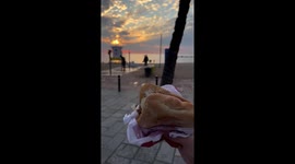 Seagull attempts to steal breakfast sandwich in Barcelona, Spain