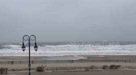 Nor’easter lashes with powerful gusts and crashing waves in Belmar, New Jersey, USA