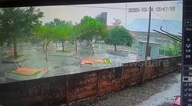 Tornado rips metal sheets off stadium roof in Indonesia