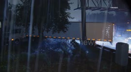 US, Los Angeles: Griffith Park Jackknifed Semi Truck