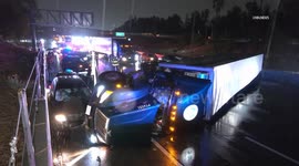 US, Los Angeles: Atwater Village Semi Overturns And Snarls Traffic Amid Major Storm