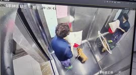 Elderly woman saves pet dog with leash caught in an elevator door