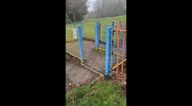 Playful American Bully opens gate and runs to playground in Wythenshawe, England, UK