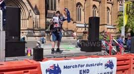 Alan Ross aka ‘The Vegemite Guy’ speaks at the ‘March for Australia’, Sydney, Australia