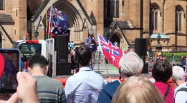 Sydney organiser Jesse Stewart speaks at the ‘March for Australia’, Sydney, Australia