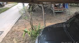 Shelter collapses when man rests her leg on wooden corner post