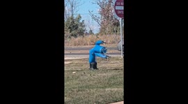 Windy day in St. Louis as inflatable tube man blown away in Wildwood, Missouri, USA