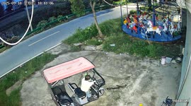 Mischievous kid starts mother's scooter and crashes into tree
