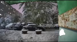 Tree collapses onto parked cars during heavy rain in Omsk, Russia
