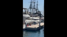 Pirate ship smashes into luxury catamaran during reckless entry in Tunisian harbour
