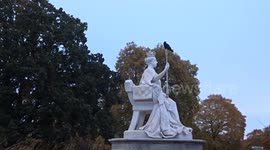 Black crow crowns scepter and orb of Queen Victoria statue in Kensington Palace Gardens - London