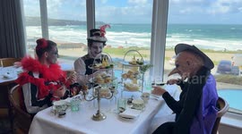 Halloween high tea at the Headland Hotel in Cornwall as two zombies and a Witch have lunch ahead of the Newquay Zombie crawl