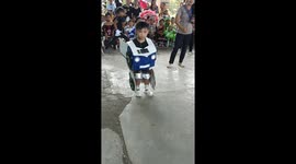 Schoolboy demonstrates awesome costume that transforms into police car
