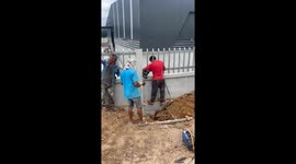 Hapless tradie gets stuck between metal railings and needs rescuing by colleagues