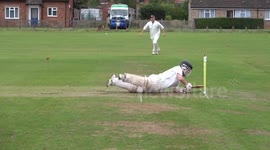 Hilarious cricket fail! Batsman attempts to hit ball and crashes into his own stumps