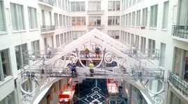 Giant C hung above historical Curtis Center lobby